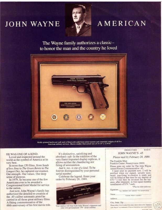 Advert for John Wayne Armed Forces 45 Automatic Commemorative